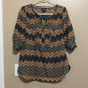 Elegant Brown Red and Blue Aztec print blouse